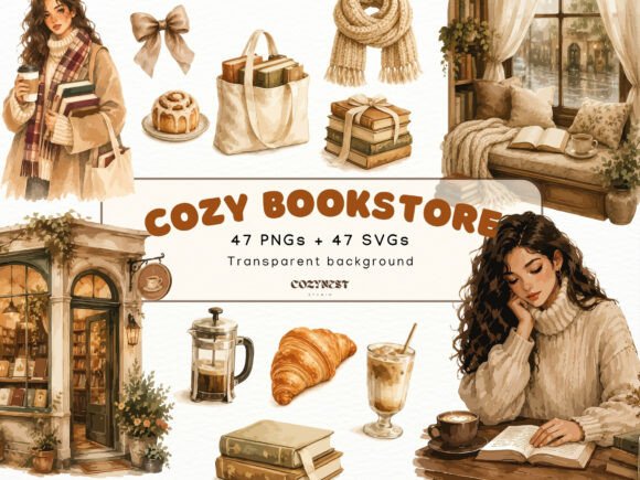 Download Cozy Bookstore Cliparts, Watercolor PNG - Clipart Collection