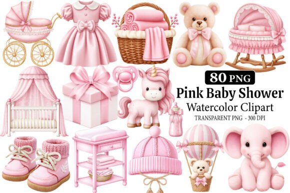 Download Pink Baby Shower Clipart Watercolor PNG - Clipart Collection