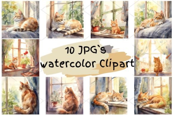 Download Cat Vintage Watercolor Clipart JPG, 1S-8 - Clipart Collection