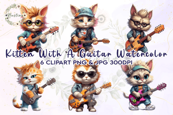 Download Kitten with Guitar Watercolor Clipart - Clipart Collection