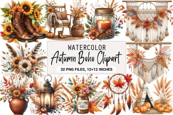 Download Watercolor Autumn Boho Clipart Bundle - Clipart Collection