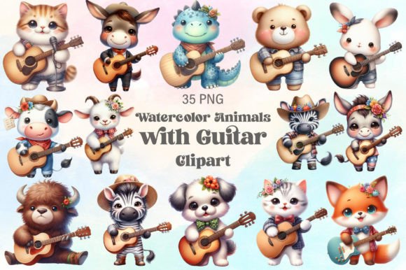 Download Watercolor Animals with Guitar Clipart - Clipart Collection