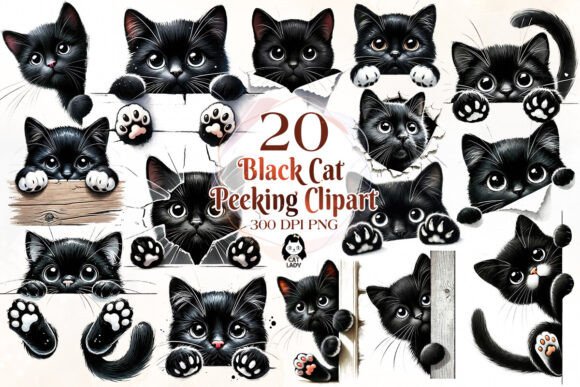 Download Cute Black Cat Peeking Clipart Bundle - Clipart Collection