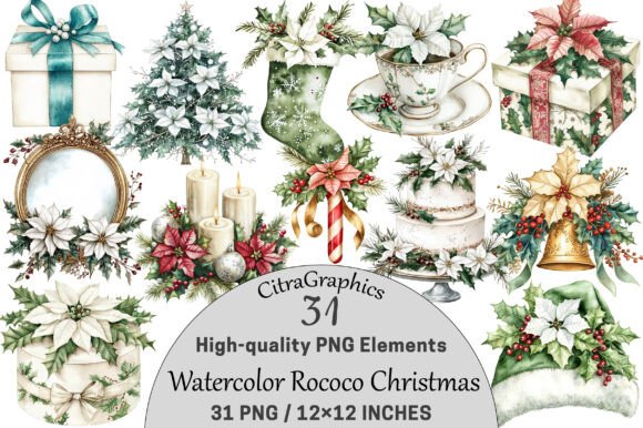 Download Watercolor Rococo Christmas Clipart. - Clipart Collection